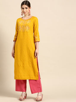 Gerua By Libas - Yellow Printed Rayon Kurta