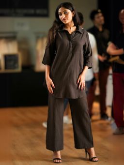 Saltpetre - Women Linen Solid Coffee Brown Tunic With Pants (Set of 2)