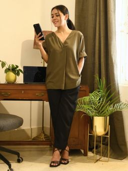 Saltpetre - Women Solid Olive Top With Black Pants (Set of 2)