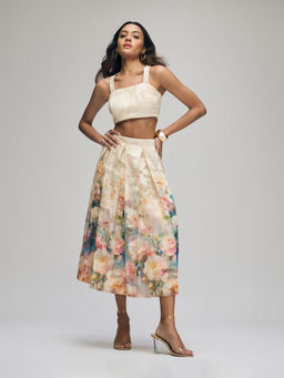 RSVP by Nykaa Fashion - Cream Floral Cross Back Crop Top Pleated Midi Skirt Co Ord Set
