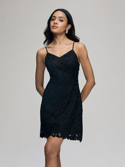 RSVP by Nykaa Fashion - Black Lace Floral V Neck Spaghetti Straps Mini Dress