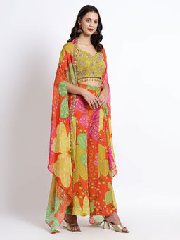 QAIYNAT - Multicoloured Embroidered Cape with Crop Top and Flared Pant (Set of 3)
