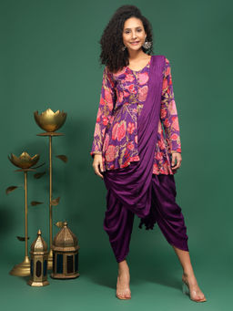 QAIYNAT - Purple Georgette Dhoti with Kurta and Dupatta (Set of 3)