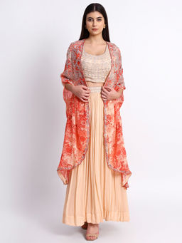 QAIYNAT - Peach Hand Embroidered Cape with Blouse and Cape (Set of 3)