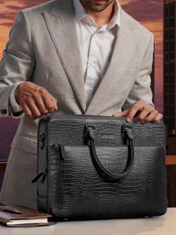 Lapis Bard - Mandeville Noir 15-inch Croc-Textured Double Compartment Laptop Bag - Black