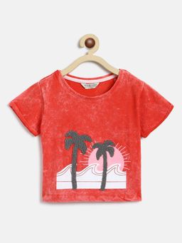 Tales & Stories - Girls Red Cotton Plasto Print Half Sleeves T-Shirt