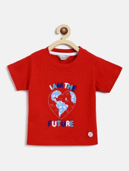 Tales & Stories - Girls Red Cotton Half Sleeves Embroidery T-Shirt