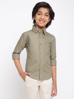 Tales & Stories - Boys Olive Cotton Solid Full Sleeves Regular Fit Shirt