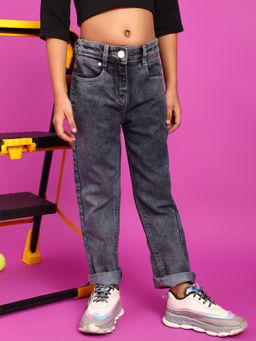 Tales & Stories - Girls Grey Mom Fit Lycra Solid Jeans