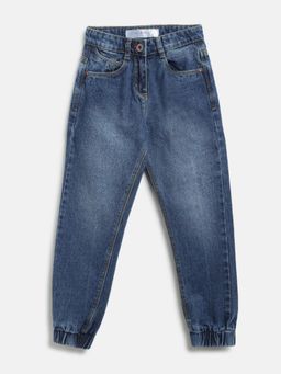 Tales & Stories - Girls Dark Blue Cotton Regular Fit Washed Jeans