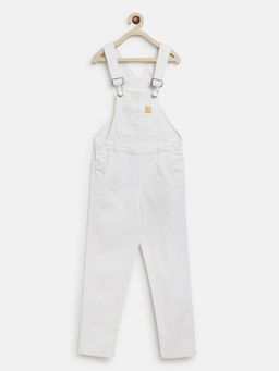 Tales & Stories - Boys Ultra White Regular Fit Lycra Solid Dungaree
