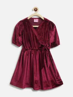 Tales & Stories - Girls Maroon Polyester Elbow Sleeve Flared Fit Solid Dress
