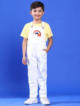 Tales & Stories - Unisex White Lycra Embroidered Full Dungaree