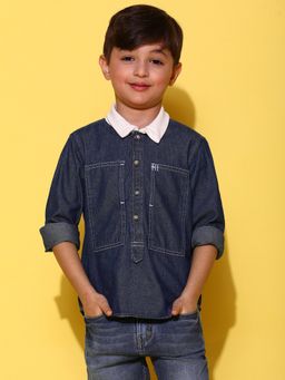 Tales & Stories - Boys Dark Blue Cotton Washed Full Sleeves Regular Fit Shirt