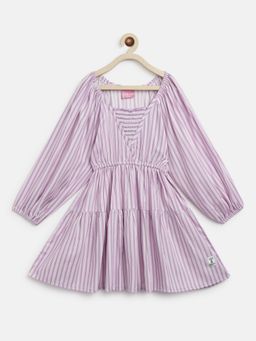 Tales & Stories - Girls Pink Rayon Regular Fit Full Sleeves Stripe Dress