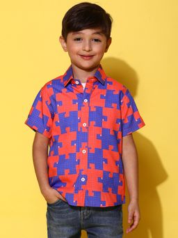 Tales & Stories - Boys Orange & Blue Half Sleeves Viscos Printed Regular Fit Shirt
