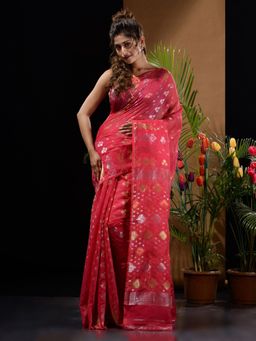 CHARUKRITI - Punch Pink Handwoven Saree with Zari Designs & Motifs