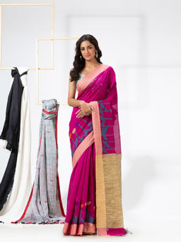 Angoshobha - Rani Pink Cotton Blended Festive Jamdani Saree with Unstitched Blouse