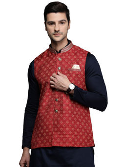 Manyavar - Mens Art Silk Printed Nehru Jacket (Red)