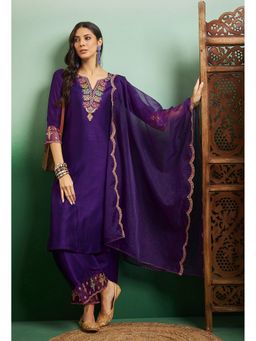 KVS FAB - Women's Purple Embroidered Silk Blend Kurta with Palazzo and Dupatta (Set of 3)