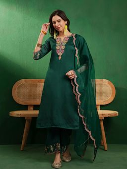 KVS FAB - Women's Green Embroidered Kurta with Palazzo and Dupatta (Set of 3)