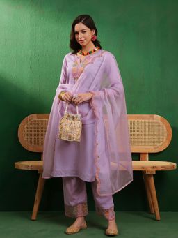 KVS FAB - Women's Lavender Embroidered Kurta with Palazzo and Dupatta (Set of 3)