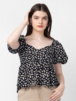 Spykar - Women Black Cotton Floral Crop Top
