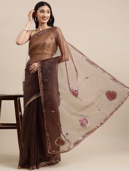 Vastranand - Brown Organza Party Wear Saree With Gotta Pati Work with Unstitched Blouse