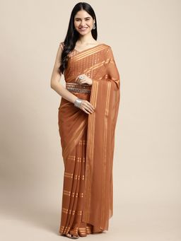 Sareemall - Womens Georgette Brown Solid Belted Saree with Embellished Unstitched Blouse Piece