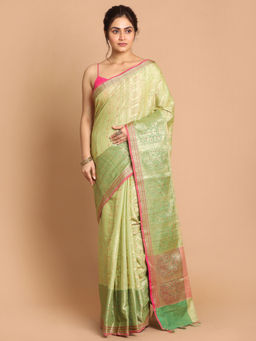 Indethnic - Banarasi Lime Green Woven Design Festive Wear Saree With Unstitched Blouse