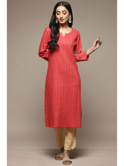Biba - Womens Orange Solid Cotton Straight Kurta