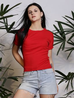 Sera - Women Red Solid Round Neck Top