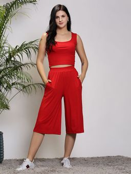 Sera - Women Red Solid Round Neck Co-Ord (Set of 2)