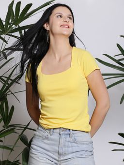 Sera - Women Yellow Solid Square Neck Top