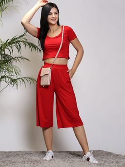Sera - Women Red Solid Round Neck Co-Ord (Set of 2)