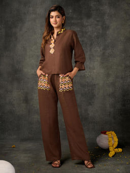 Phulkari Forever - Brown Pure Linen Hand Embroidered Co-Ord (Set of 2)