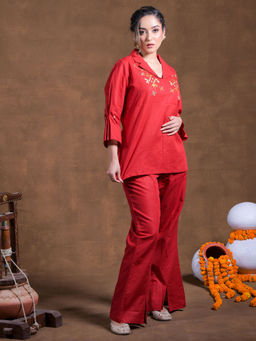 Phulkari Forever - Red Pure Cotton Linen Hand Embroidered Co-Ord (Set of 2)