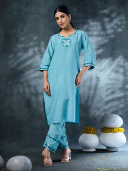 Phulkari Forever - Blue Pure Muslin Hand Embroidered Kurti and Pant (Set of 2)
