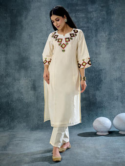 Phulkari Forever - Cream Pure Chanderi Hand Embroidered Kurti and Pant (Set of 2)