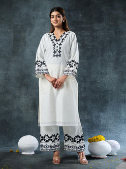 Phulkari Forever - White Pure Chanderi Hand Embroidered Kurti and Pant (Set of 2)