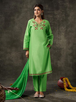 Phulkari Forever - Green Pure Chanderi Hand Embroidered Kurti with Salwar and Dupatta (Set of 3)