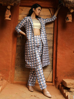 Qissa - Navy Blue Geometric Boho Top with Trouser and Jacket (Set of 3)