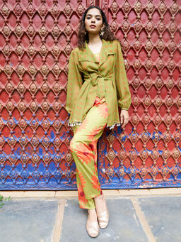 Qissa - Avocado Green Flower Tie-Up Top with Trouser and Jacket (Set of 3)