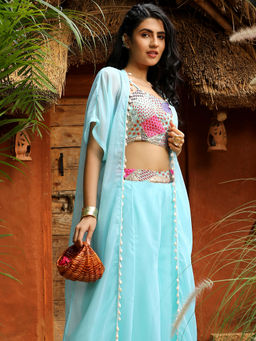 Qissa - Sky Blue Block Flared Top with Pant and Shrug (Set of 3)