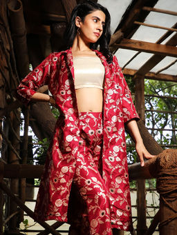 Qissa - Crimson Red Flora Jacquard Top with Trouser and Jacket (Set of 3)