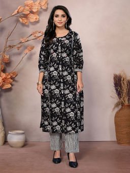 Rangita - Black Cotton Embroidered Calf Length Straight Kurta with Pant (Set of 2)