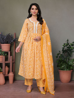 Rangita - Yellow Embroidered Calf Length Flared Kurta with Pant and Dupatta (Set of 3)