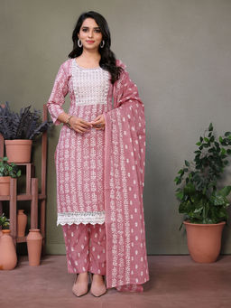 Rangita - Pink Cotton Embroidered Straight Kurta with Pant and Dupatta (Set of 3)