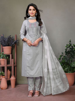 Rangita - Grey Cotton Embroidered Calf Length A-Line Kurta with Pant and Dupatta (Set of 3)