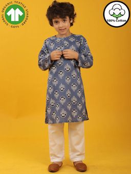 ANTHRILO - Grey Blue Floral Print Pure Cotton Kurta Pyjama Set - Blue